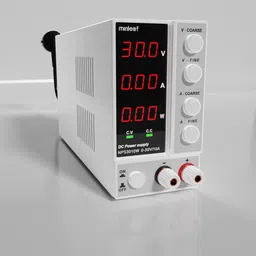 Detailed 3D render of digital DC power supply with voltage and current display for laboratory use on Blender.