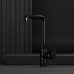 3D model of a sleek, modern black chrome kitchen faucet, shown with a single lever, optimized for Blender rendering.