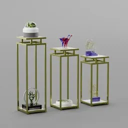 "Stands Decoration Set - A collection of highly detailed, realistic 3D models for Blender 3D, featuring three glass vases adorned with lush plants, sculptural elements, and luxury materials. This set is perfect for adding a touch of zen to any interior design project."