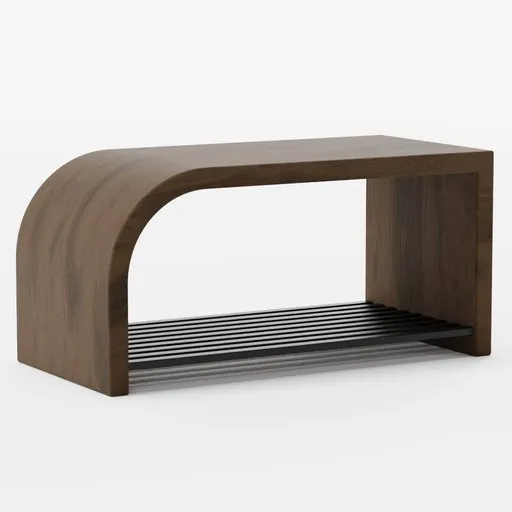 Modern curved wooden shoe rack 3D model with metal bars, Blender compatible, for home storage solutions.