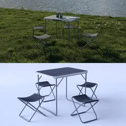 "Foldable camping table and chairs set rendered in Blender 3D. Two chairs and a table set up on green grass by water. Simple yet sturdy design perfect for outdoor adventures."