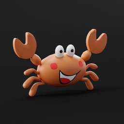 Lowpoly 3D cartoon crab with a smile, ideal for Blender animation projects, isolated on a dark background.