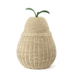 Realistic 3D pear-shaped wicker basket model, ideal for Blender rendering and Ferm Living-style decor visualization.