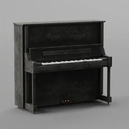 3D-rendered aged black piano model with detailed texture, suitable for Blender rendering projects