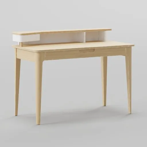 Detailed 3D model of modern wooden desk with shelving, optimized for Blender rendering.