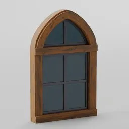 Arched top wooden 3D window model with paneled glass, designed for Blender-compatible modular architecture visualization.
