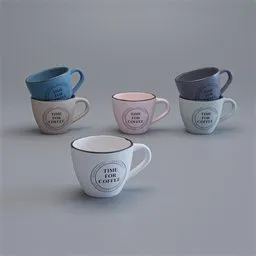 Colorful 3D Blender model of six coffee cups with printed graphics, sans saucers, for container visualization.