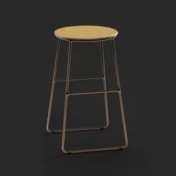 3D-rendered minimalist high bar stool with metal frame and wooden seat for Blender modeling.