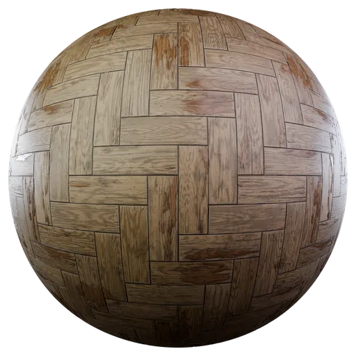 High-resolution PBR old parquet texture for 3D modeling, with detailed wood grain and natural patterns.