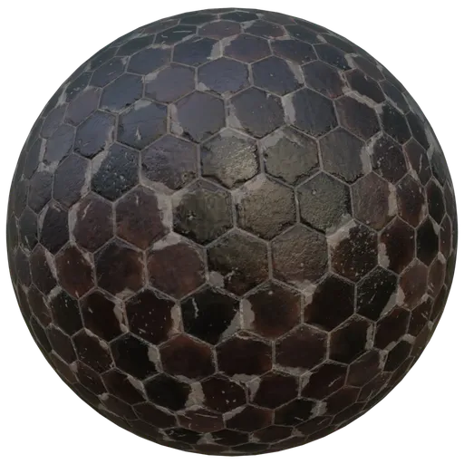 Hexagonal black textured PBR material for 3D modeling in Blender, suitable for wood surfaces, 2K resolution.