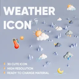 Collection of 3D weather icons for Blender, showcasing diverse meteorological conditions.