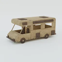 "Wooden toy camper with a rustic feel, modeled in Blender 3D. Features include a wooden roof and moderate detailing, inspired by Willem de Poorter and Jacob Toorenvliet. Perfect for camping or as a toy for little adventurers."