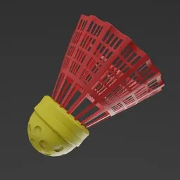 High-quality 3D rendering of a red and yellow shuttlecock for Blender, showcasing detailed texture and dynamic motion.