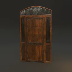 Arched 3D model of a worn wooden door with iron details, crafted for Blender, low poly with texture maps.