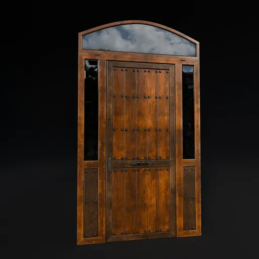 Arched 3D model of a worn wooden door with iron details, crafted for Blender, low poly with texture maps.