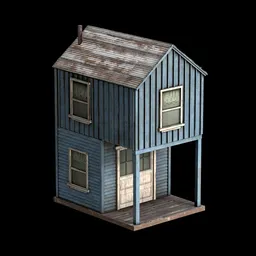 "Discover the charm of an Old Building 3D model for Blender 3D, featuring a small blue house with a porch, perfect for game asset sheets and saloon-themed projects. This stunning creation showcases a touch of Australian bush scenery, with a vibrant colorized finish, reminiscent of RDR2 and DayZ aesthetics."