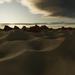Detailed 3D rendering of desert terrain with rippled sand and rocky outcrops, suitable for Blender projects.