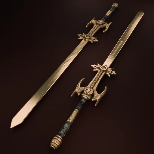 Detailed 3D model of a decorative gold greatsword with marble grip, ideal for Blender rendering.