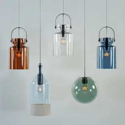 "MARKSLÖJD-style pendant lamps in varied colors and materials hanging from the ceiling. This 3D model for Blender 3D captures the essence of Scandinavian style with its glass and metal lantern crown and colorful pigments spread out in air."