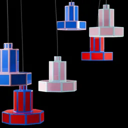 Detailed 3D renderings of geometric pendant lamps in various colors using Blender software.