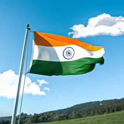 "Ultra realistic low poly national flag of India with pole and base 3D model for Blender 3D software, featuring a flag flying in the wind against a sunny backdrop with green fields in the background. Perfect for creating exterior scenes in various colors and perspectives with accurate color correction."