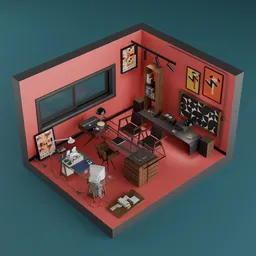 Detailed isometric 3D model of a vintage architect's studio with desk, computer, and CDs.