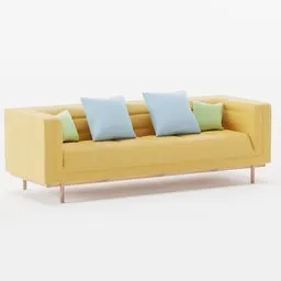 Modern yellow 3D Mulholland sofa model with tufted details and eco-friendly wood base, designed in Blender 3D.