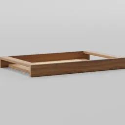 Realistic 3D model of a rectangular wooden serving tray with handles for Blender rendering.