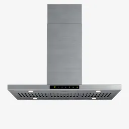 Detailed 3D model of a stainless steel island range hood with digital controls and lighting for Blender rendering.