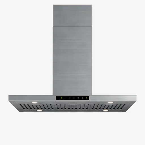 Detailed 3D model of a stainless steel island range hood with digital controls and lighting for Blender rendering.