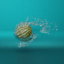 Realistic 3D-rendered watermelon with dynamic liquid splash effect on a teal background.