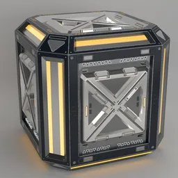 High-detail Blender 3D sci-fi crate model with orange accents suitable for gaming environments.