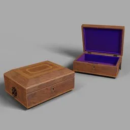 "Antique Jewelry Box 3D model for Blender 3D - mid-19th century rosewood box with inlaid decoration, hinged lid, lined interior, brass ring handles, and ball feet. Perfect for period or contemporary scene decoration. Inspired by Horatio Nelson Poole and Augustus Dunbier."