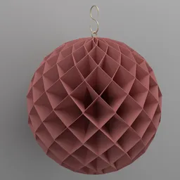 3D rendered geometric Christmas bauble in Blender, intricately folded red paper design with a golden hook.