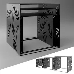"Black and white photo-inspired 3D model of a nest of 3 tables with a gloss finish, made in Blender 3D. The tables can be stacked, with one fitting under another for easy storage. Perfect for a modern furniture design project."