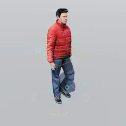 Detailed 3D male model in red jacket with animation rig, ideal for Blender, showcasing walk cycle.