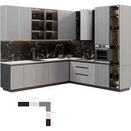Highly detailed Blender 3D kitchen model featuring modern cabinets, appliances, and marble backsplash in centimeters, rendered in cycles format.
