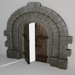 Low-poly 3D model of an open medieval wooden double door, set in a stone arch, designed for castle and church scenes, with PBR textures.