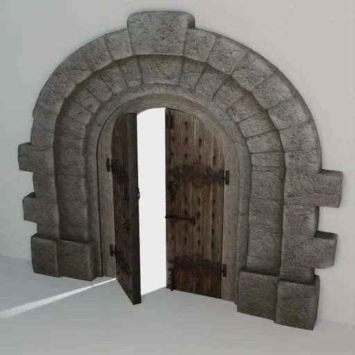 Low-poly 3D model of an open medieval wooden double door, set in a stone arch, designed for castle and church scenes, with PBR textures.
