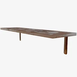"Highly detailed wooden and metal shelf model for both interior and exterior use, designed for Blender 3D software. This realistic model features a stone slab, polished with a rust effect, and drop shadows for added depth and dimension. Perfect for retail design and home decor visualization projects."