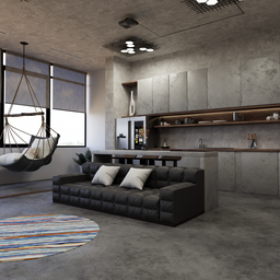 Modern industrial-style 3D rendered small apartment interior with kitchen, living space, and hanging chair.