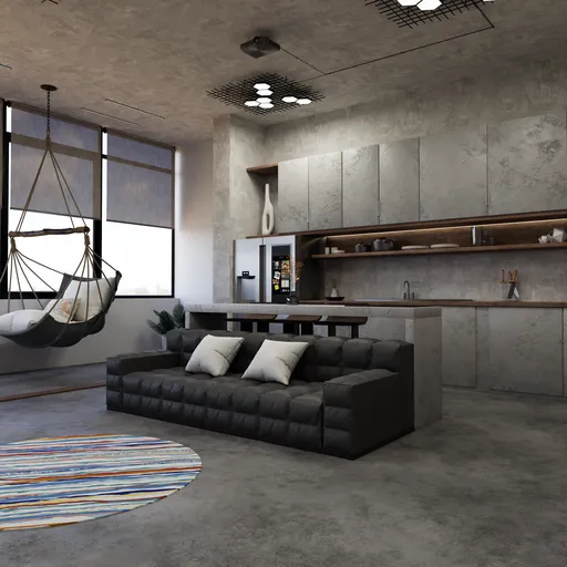 Modern industrial-style 3D rendered small apartment interior with kitchen, living space, and hanging chair.