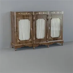 "English serving cabinet with glass doors, featuring ornate back tuxedo and retrofuturistic design. This Blender 3D model showcases a classic-style piece of furniture with high-resolution textures and compatible PBR materials."
