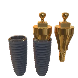"Highly detailed 3D render of a dental implant with ball abutment in gold and blue. Designed with precision and engineered with obsidian metal for a durable finish. Compatible with Blender 3D software. "