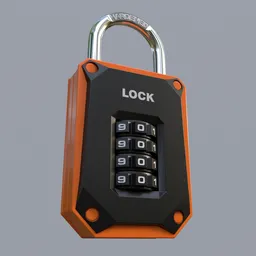 Detailed 3D rendering of a four-digit combination padlock with a metallic shackle and black dials for Blender rendering.