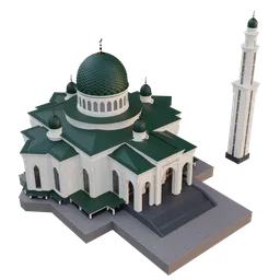 Detailed Islamic mosque 3D model with minarets for Blender rendering.