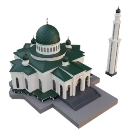 "3D model of Masjeed Mosque, a stunning Islamic building with a green dome and minarets inspired by Andrzej Wróblewski. Created using Blender 3D software, this in-game model features fully detailed faces and intricate girih patterns. Perfect for Steam workshop and unused design projects."