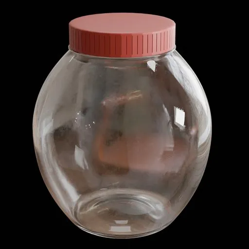 Realistic Blender 3D model of a clear glass jar with a red lid, suitable for kitchen decor visualization.