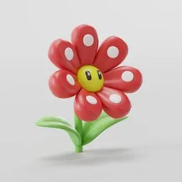 Detailed 3D rendering of a stylized flower with red petals and white spots, resembling a fire flower from a popular video game.