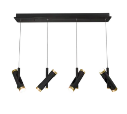 Realistic 3D model of a modern pendant light fixture with adjustable cylindrical lamps and elegant gold accents, displayed against a transparent backdrop.